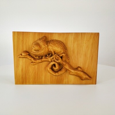 Chameleon with Lady Bug  - Huon Pine carving (facing left)