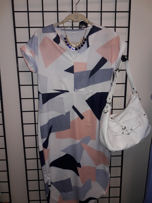 Blue Gray, Peach, and White Geometric Print High Low Dress- Size- S