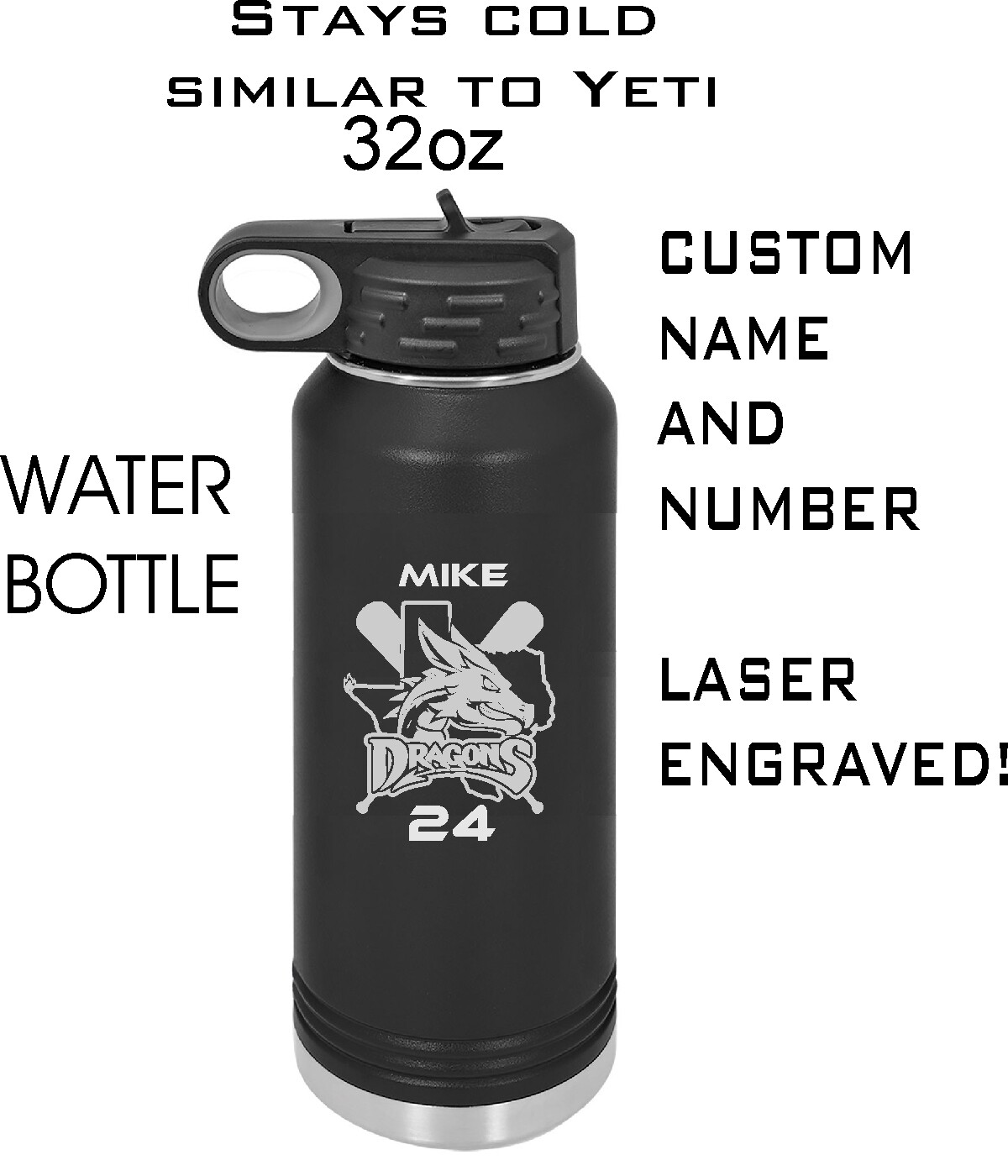 DRAGONS Custom text Water bottle Laser Engraved