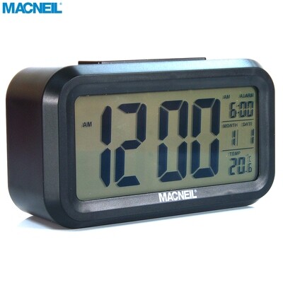 NEW Macneil MCN6020B LCD Alarm Clock Features: Time (12 & 24 Hour), Date, Year, Alarm, Snooze, Temperature (Indoors) Large Clear Easy to Read Display and Handy Smart Day/Night Light Sensor Function!
