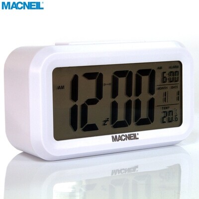 NEW Macneil MCN6020W LCD Alarm Clock Features: Time (12 &amp; 24 Hour), Date, Year, Alarm, Snooze, Temperature (Indoors) Large Clear Easy to Read Display and Handy Smart Day/Night Light Sensor Function!