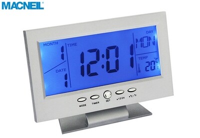 NEW Macneil MCN8082S Alarm Clock Features: Time, Day, Date, Year, Musical Alarm, Snooze, Temperature (Indoors) Large Easy to Read Display, LCD Back-light via &#39;Command&#39; or Gentle &#39;Tap&#39; Battery Powered