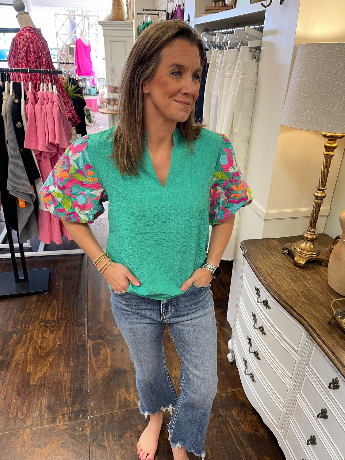 THML Green Embroidered Sleeve Top
