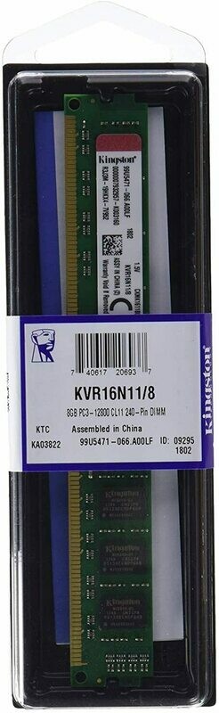 Memoria RAM Kingston DDR3 8GB 1600MHz/s ( PC3-12800 ) 240-pin DIMM, Verde KVR16N11/8