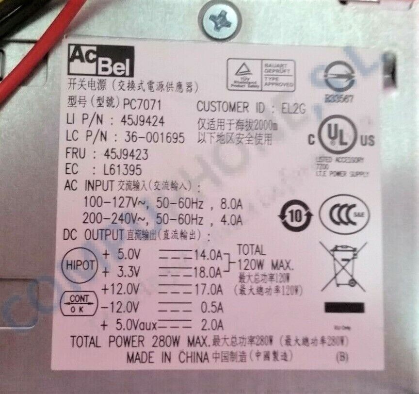 Fuente de alimentacion AcBel 280W PC7071 , FRU 41A9742 ,  45J9423