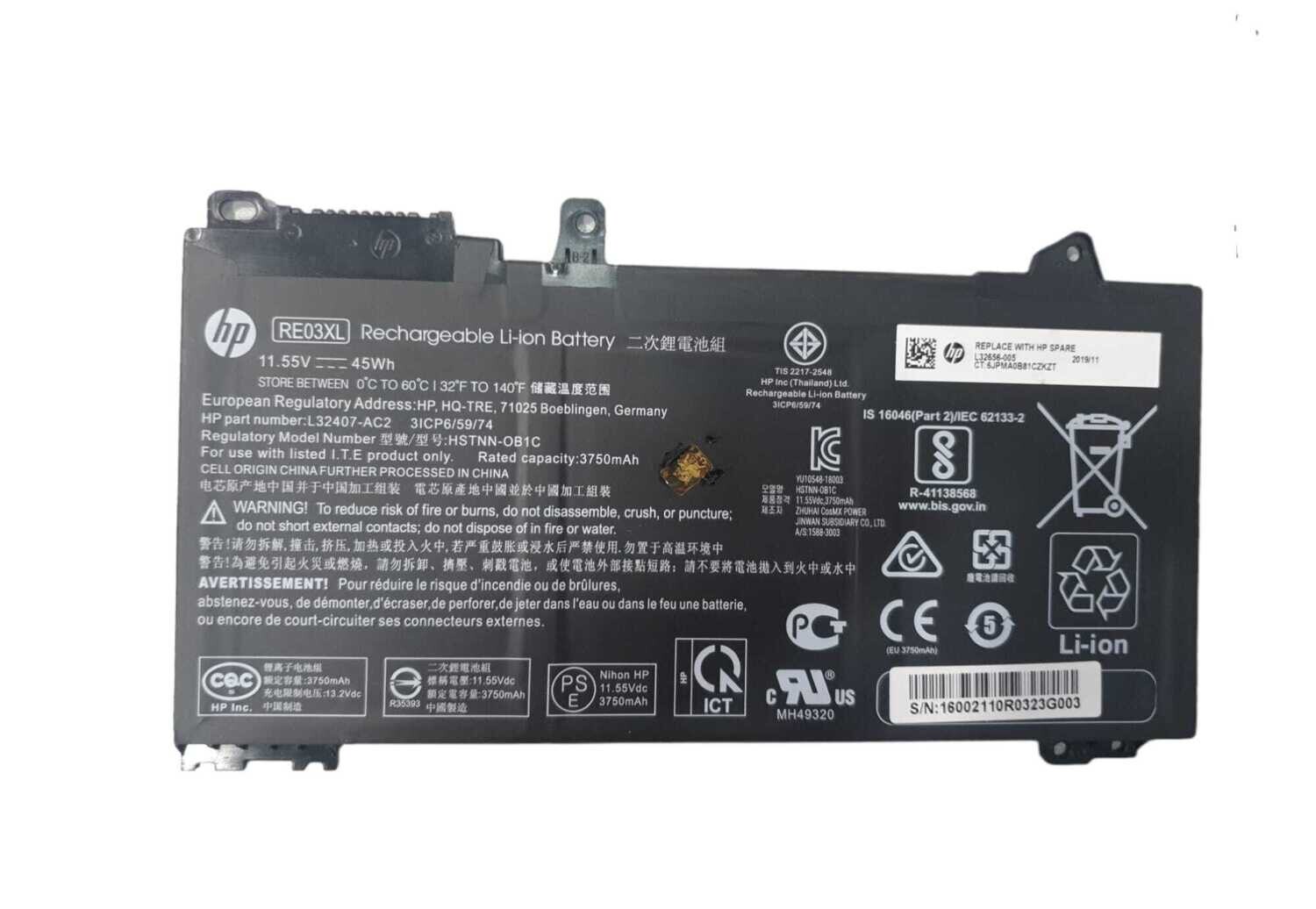 Bateria Original HP ProBook 430 440 445 450 455 G6 Series 11.55V
3750mAh 45Wh RE03XL ,  HSTNN-OB1C , L32656-005