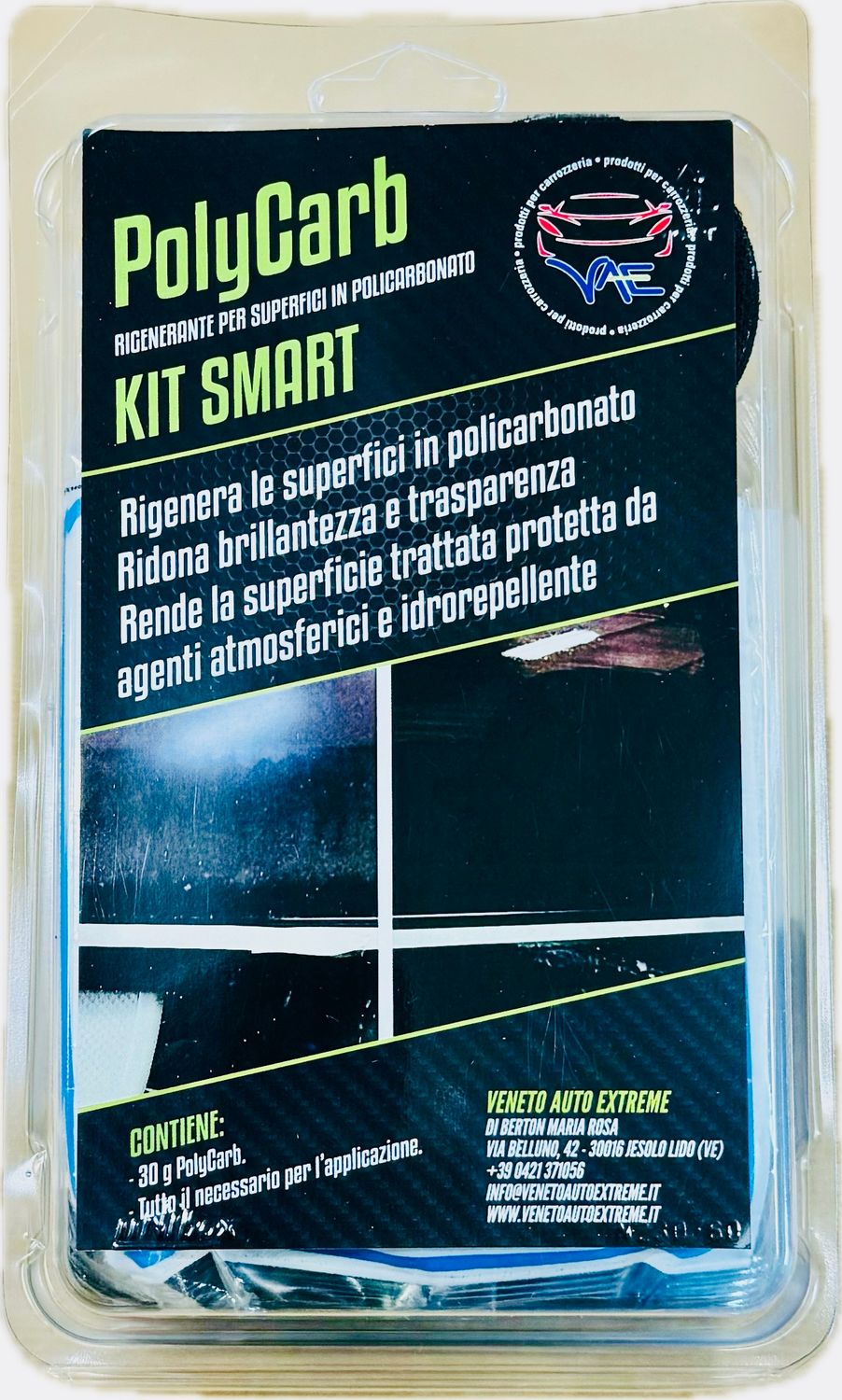 PolyCarb                                                                        kit  esclusivo per la rigenerazione di superfici in Policarbonato (Tettuccio Smart, Finestrini Camper ecc...)