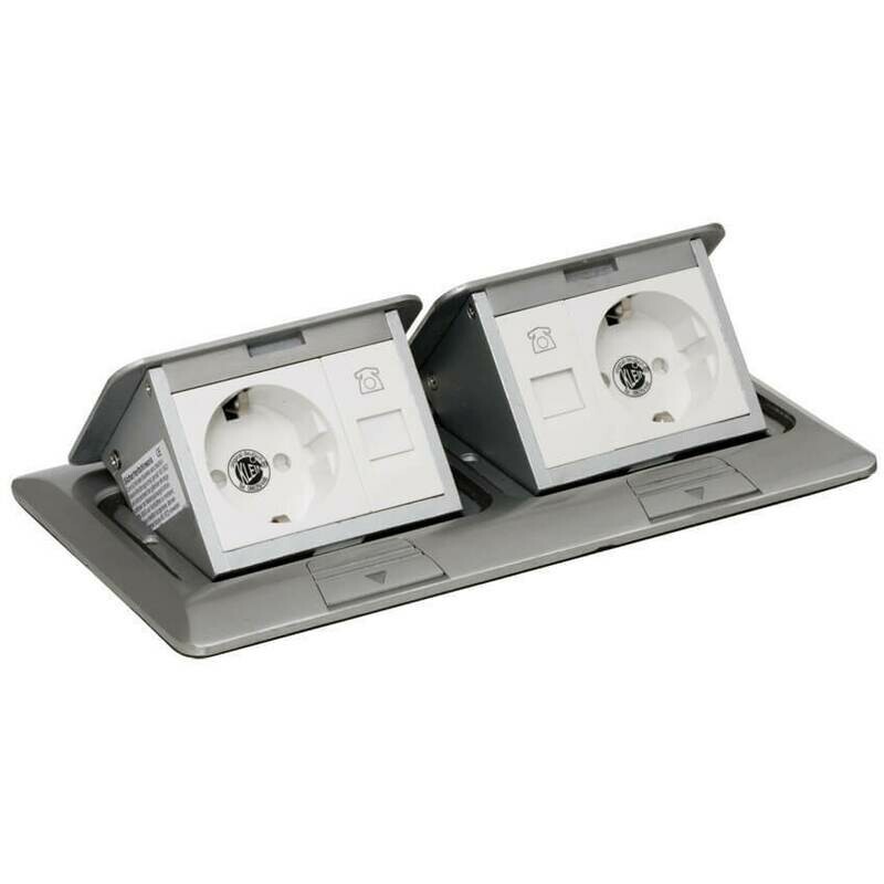 Boden-Einbau-Steckdose Edelstahl eckig 2 Steckdosen 250V und 2 ISDN-Dosen RJ45 KLEIN