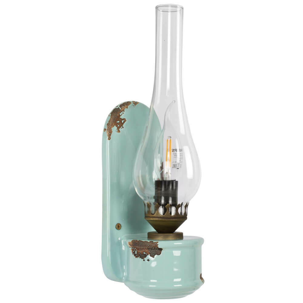 Wandleuchte Wandlampe Öllampen-Design Keramik hellblau Metall rostfarben FERROLUCE Retro