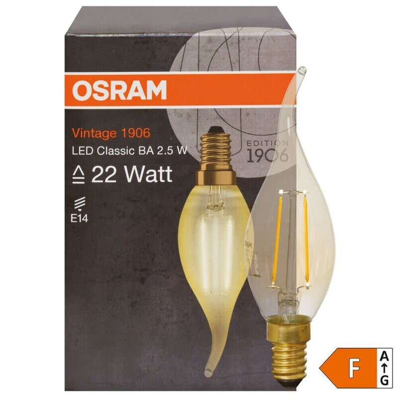 LED Filament Lampe Kerzen Form gold Windstoss E14 2,5W 220 lm 2500K OSRAM Vintage 1906 LED Filament Lampe Kerzen Form gold Windstoss E14 2,5W 220 lm 2500K OSRAM Vintage 1906