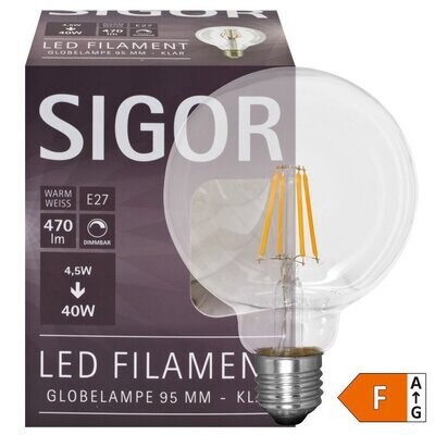 LED Filament Lampe Globe dimmbar E27 4,5W klar 470 lm 2700K Ø 95mm SIGOR LED Filament Lampe Globe dimmbar E27 4,5W klar 470 lm 2700K Ø 95mm SIGOR