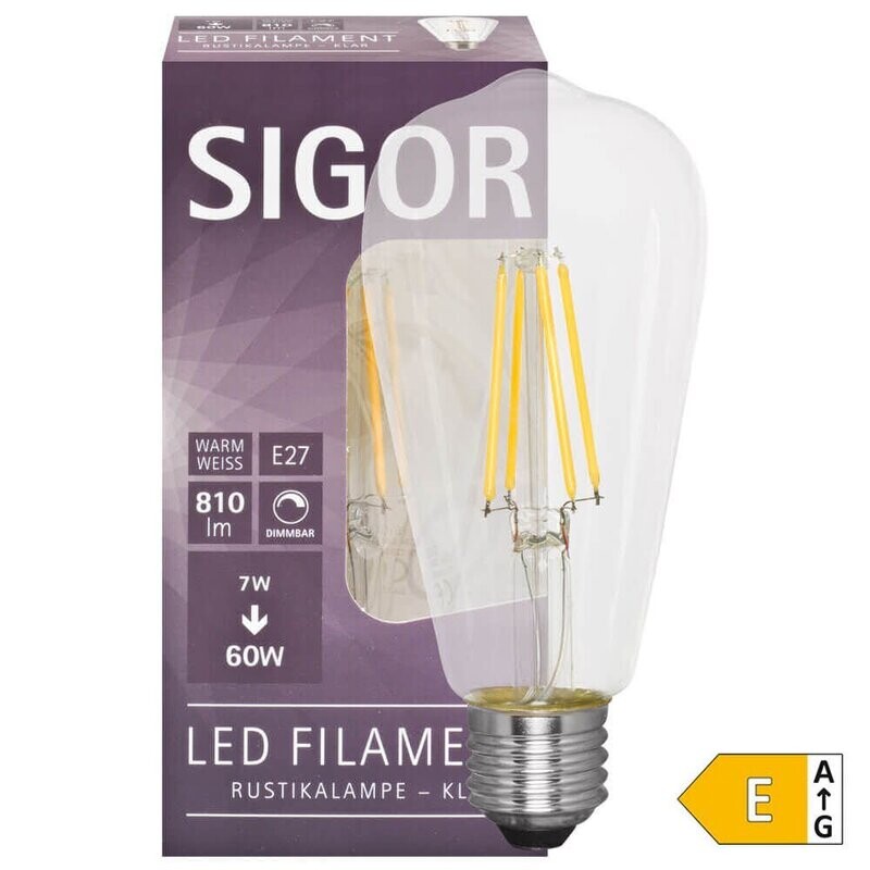 LED Filament Lampe Edison Form klar dimmbar E27 7W 810 lm  2700K SIGOR