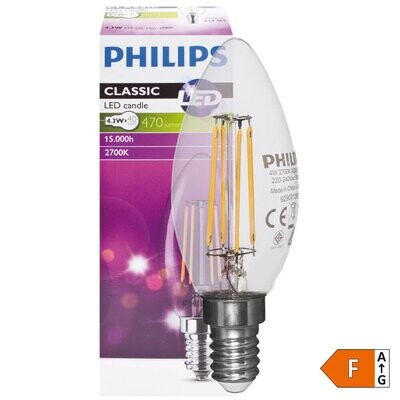 LED Filament Lampe Kerzen Form klar E14 4,3W 470 lm 2700K PHILIPS