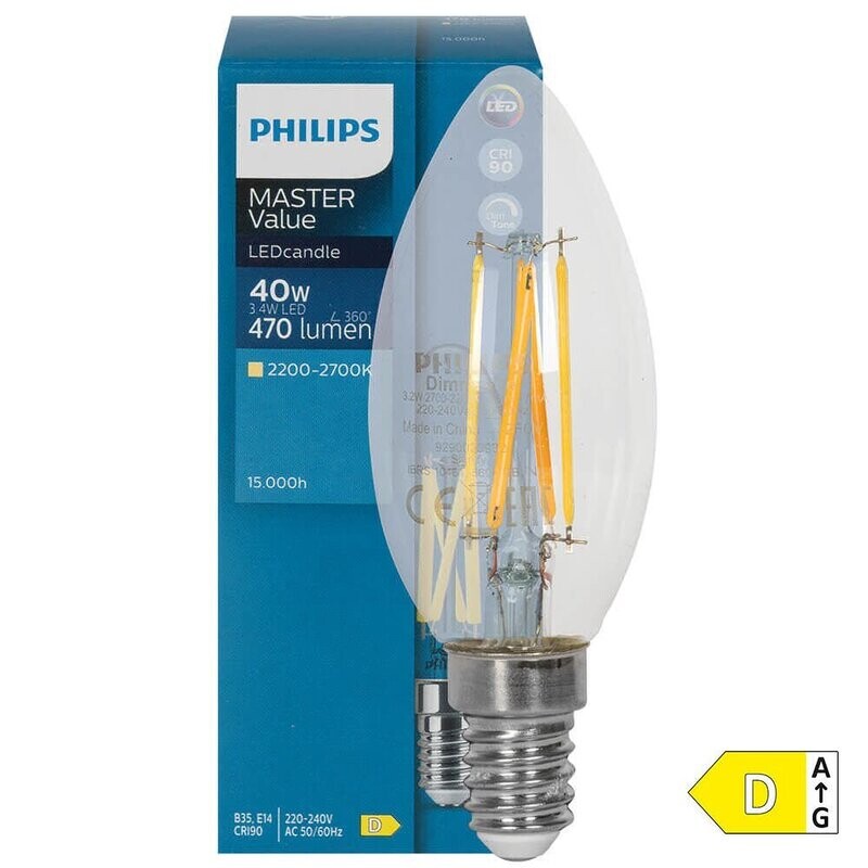 LED Filament Lampe Kerzen Form klar dimmbar E14 3,4W 470 lm 2700K PHILIPS Classic LED Filament Lampe Kerzen Form klar dimmbar E14 3,4W 470 lm 2700K PHILIPS Classic