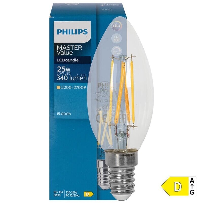 LED Filament Lampe Kerzen Form klar dimmbar E14 2,5W 340 lm 2700K PHILIPS MASTER Value LED Filament Lampe Kerzen Form klar dimmbar E14 2,5W 340 lm 2700K PHILIPS MASTER Value