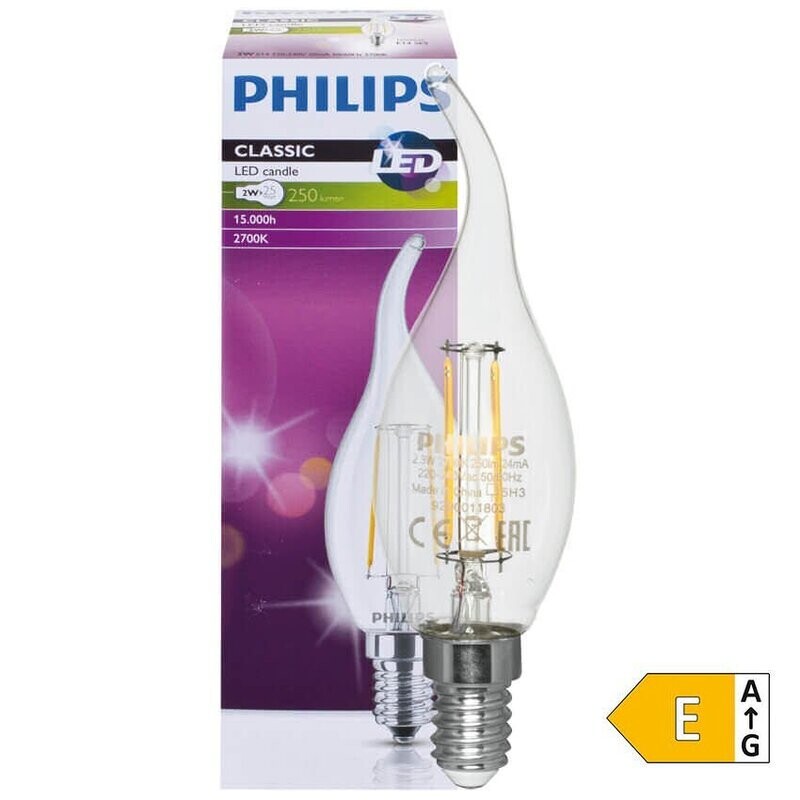 LED Filament Lampe Kerzen Form Windstoss klar E14 2W 250 lm 2700K PHILIPS LED Filament Lampe Kerzen Form Windstoss klar E14 2W 250 lm 2700K PHILIPS