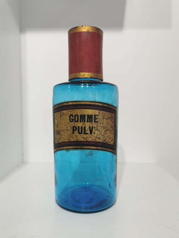 Flacon Bleu d&#39;Apothicaire fin 19 -ème Siècle .GOMME PULV . pièce unique .RARE