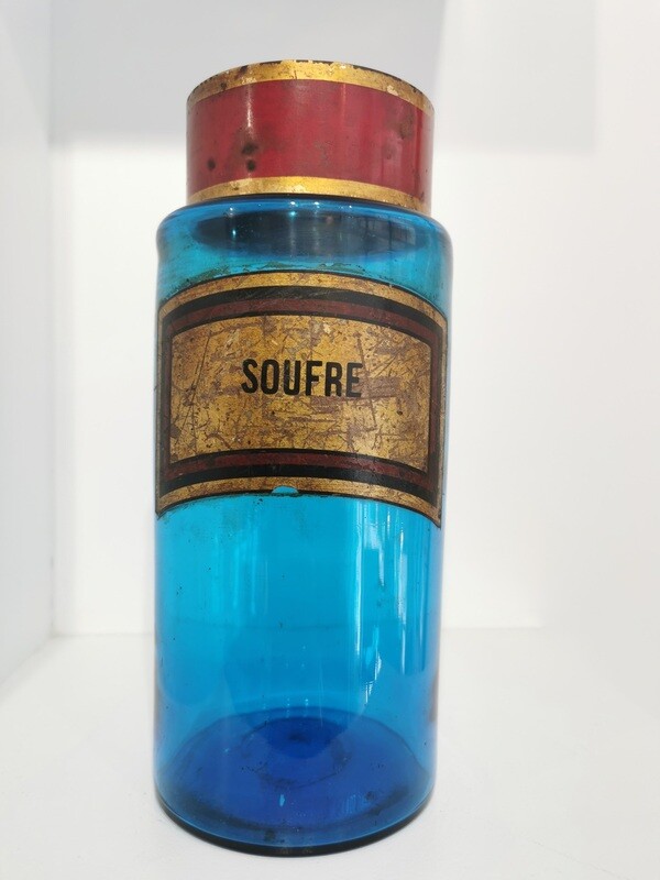 Flacon XL bleu d&#39;Apothicaire Fin 19e Siècle. SOUFRE .RARE . Pièce Unique