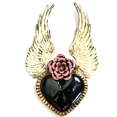 Ex Voto Coeur Sacre XL ANGEL noir fleur rose