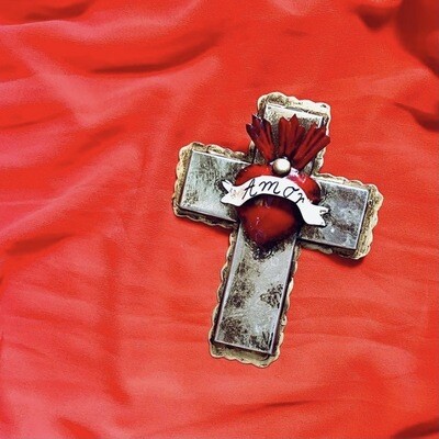 Croix Ex Voto Coeur sacré AMOR Rouge/Argent
