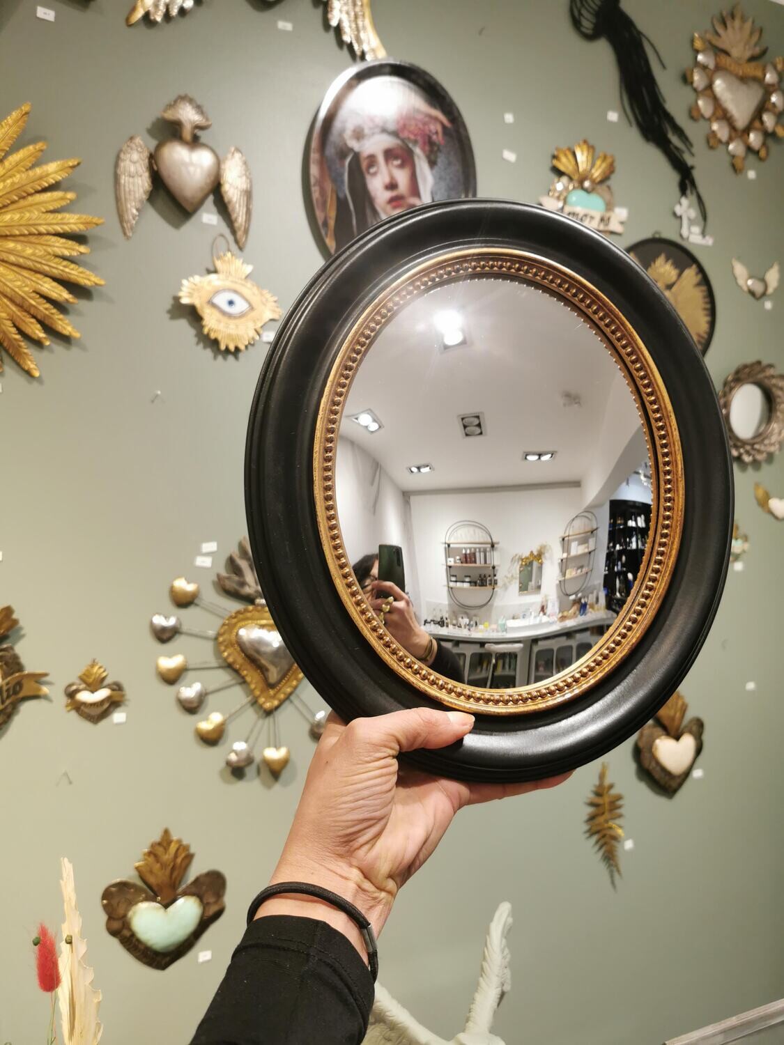 Miroir Convexe Ovale Noir Perlé Doré 35 cm