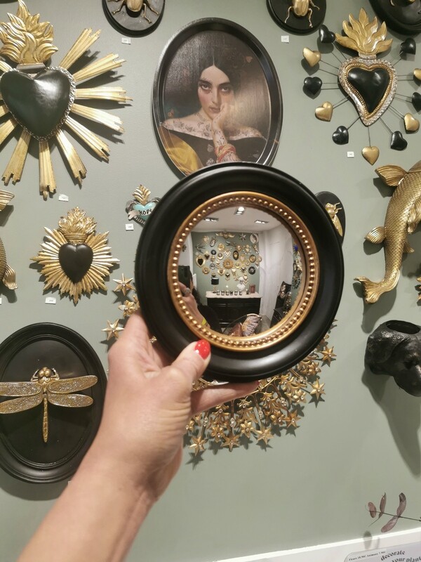 Miroir de Sorciere Convexe Rond Noir Perles Or