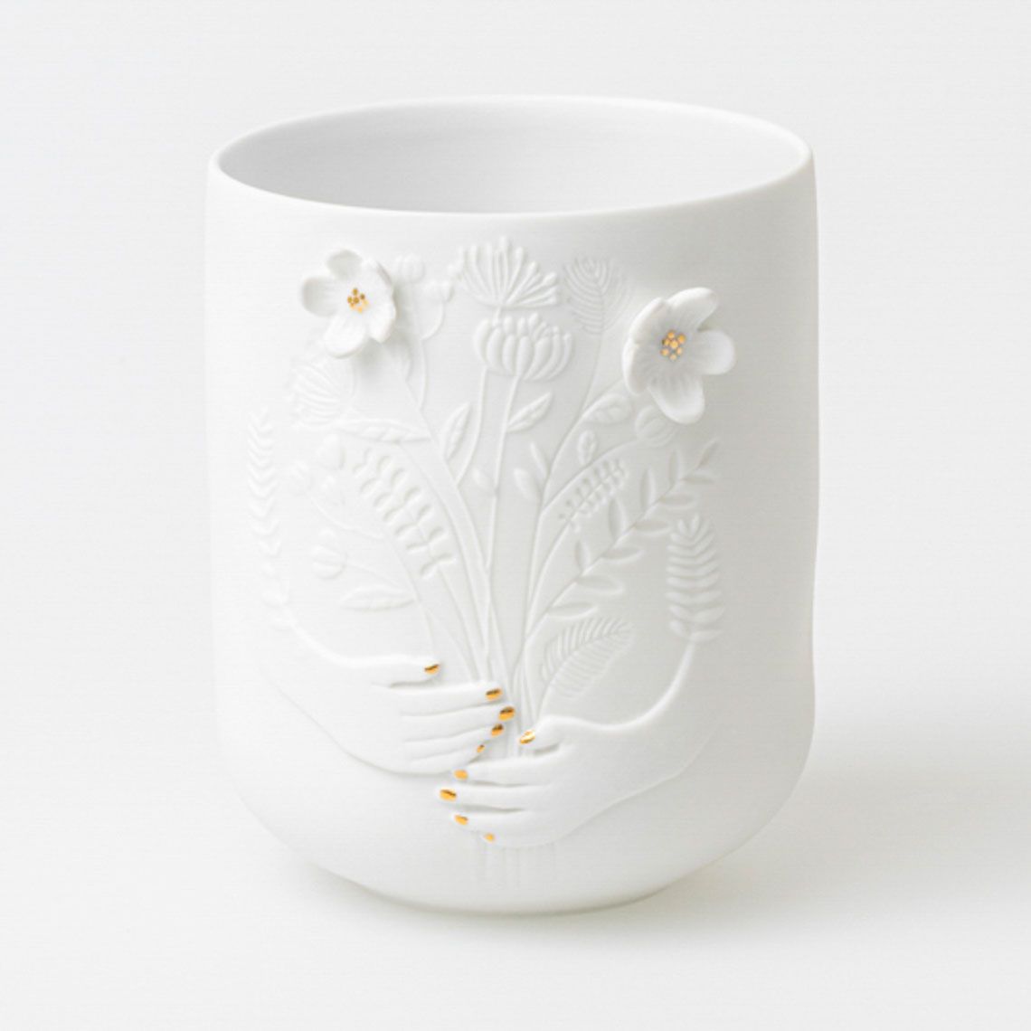 Vase / Photophore en Porcelaine Bouquet Blanc et Or