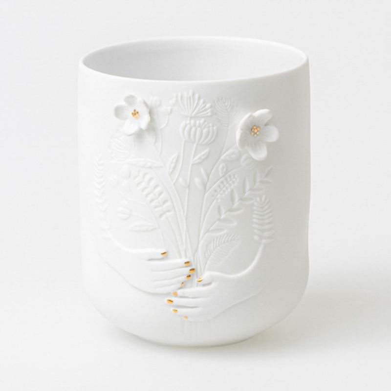 Vase / Photophore en Porcelaine Bouquet Blanc et Or