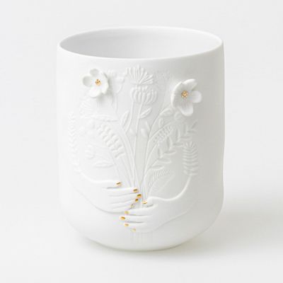 Vase / Photophore en Porcelaine Bouquet Blanc et Or