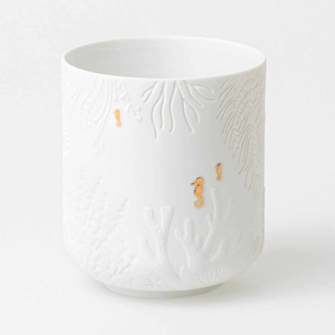 Vase / Photophore en Porcelaine Hippocampes Blanc et Or