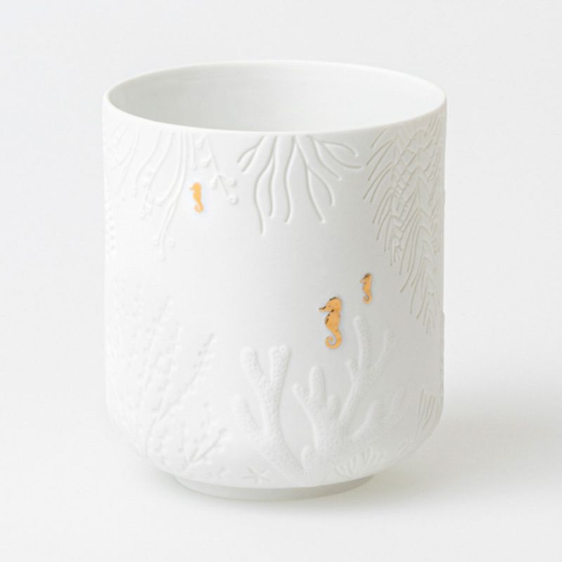 Vase / Photophore en Porcelaine Hippocampes Blanc et Or