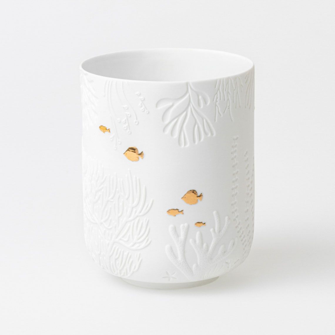 Vase / Photophore en Porcelaine Petits Poissons Blanc et Or