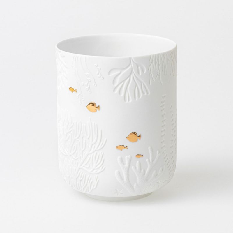 Vase / Photophore en Porcelaine Petits Poissons Blanc et Or