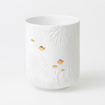 Vase / Photophore en Porcelaine Petits Poissons Blanc et Or
