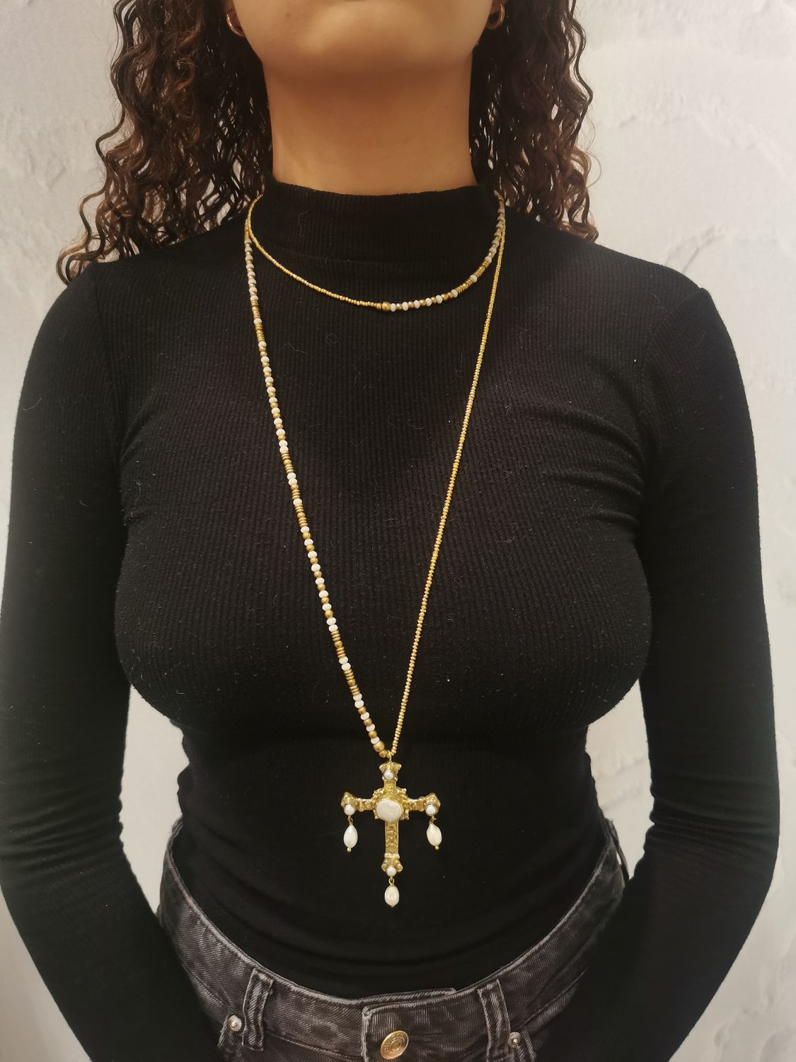 Sautoir Double Rang Croix Perles Naturelles