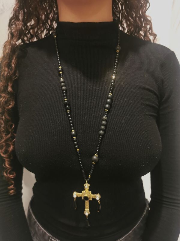 Sautoir Croix Perles Naturelles et Onyx