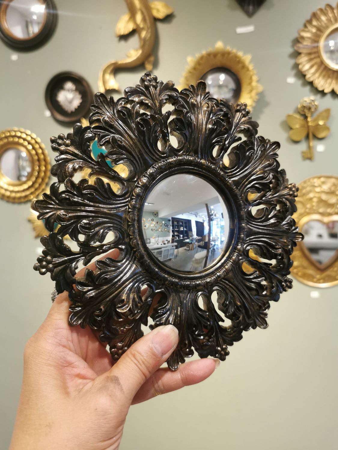 Miroir de Sorciere  Convexe Baroque Noir Patiné