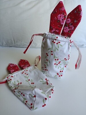 Easter Pouch - White with Red Berries, drawstring, suitable to fit large Easter egg (ref # 166)