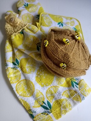 Kitchen Set - 4 pc - Lemon-themed Towel, Mitten and Pot holder and bee-themed Tea cosy (ref # 256)