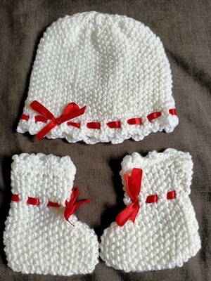 Bonnet & Booties in White with red trim - Acrylic (ref # 263)