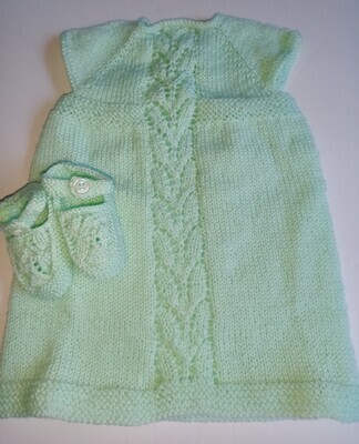 Green Baby Dress & Shoes - Knitted in Acrylic (ref # 265)
