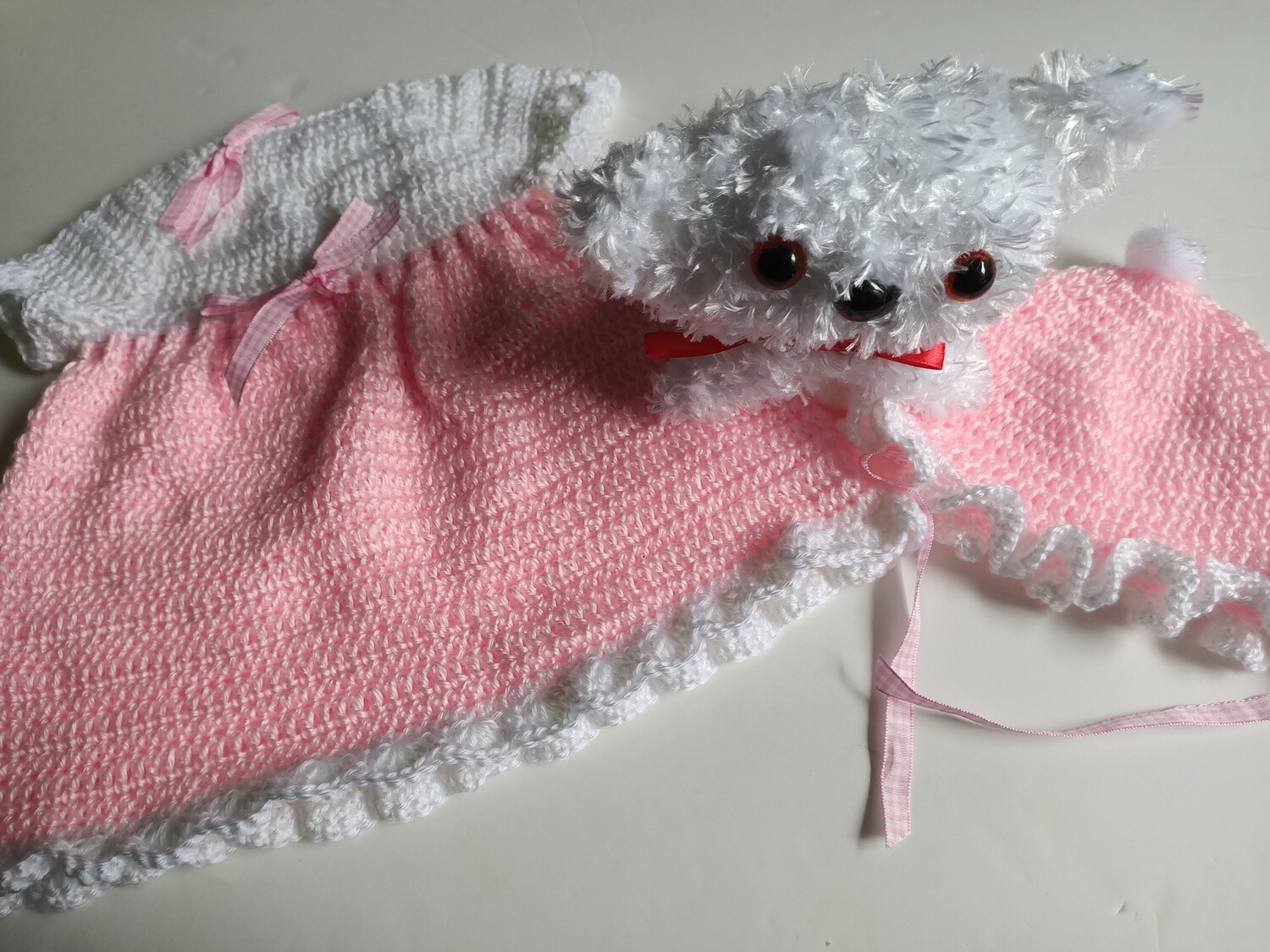 Baby set in Pink White includes Dress Bonnet Toy 3 months Acrylic Gentle machine or hand wash ref 275