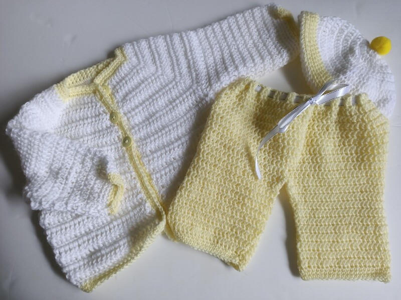 Baby set in Yellow &amp; White includes Top, Pants &amp; Beanie - 3 months - Acrylic - Gentle machine or hand wash (ref # 276)