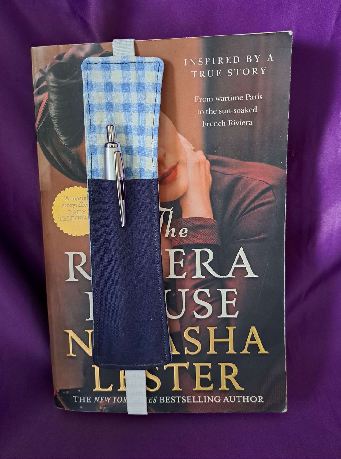 Book mark / pen holder - Blue checked