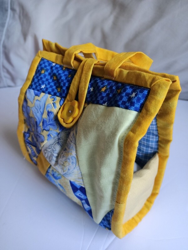 Yellow & Blue Patchwork 'Mug to go' Bag with mug (ref # 181)