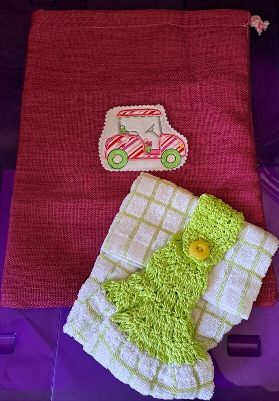 Golf shoe bag and towel set with golf cart motif