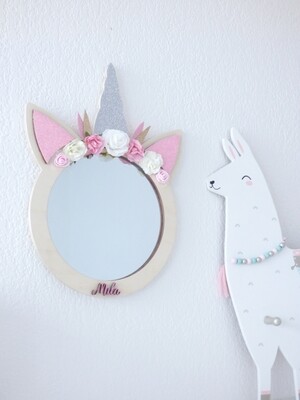 Miroir "licorne fleurie"- bois brut