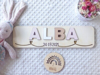 Puzzle prénom avec la date de naissance/Motif coeurs
Rose Erica pastel-Beige personnage-Blanc