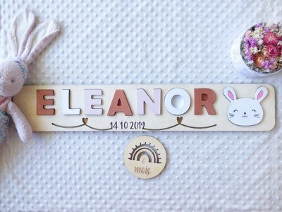Puzzle prénom avec la date de naissance/Motif coeurs
Cuivre-Rose Erica pastel-Blanc