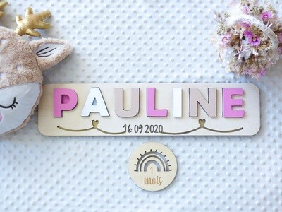 Puzzle prénom avec la date de naissance/Motif cœurs
Rose Erica clair-Blanc-beige personnage